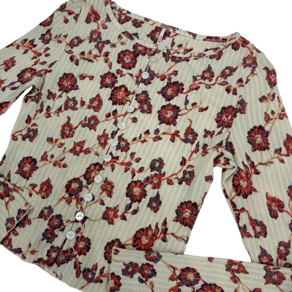 FREE PEOPLE NWOT XS Button Front Top Orange Floral Ribbed Cotton Boho Indie - Picture 12 of 13